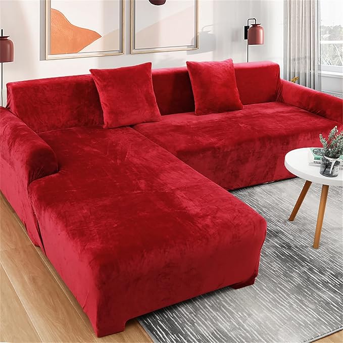 velvet plush lshape sofa cover maroon