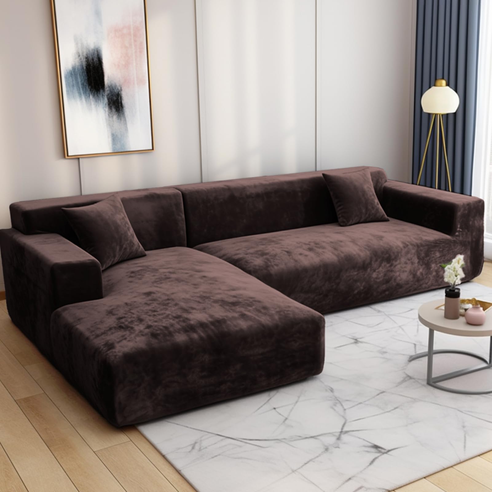 l shape velvet plush sofa cover brown1