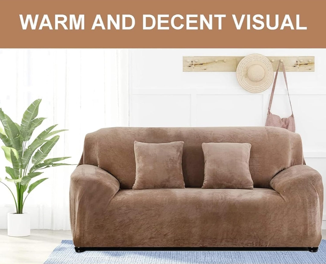 Velvet Plush Sofa Cover - Camel Brown