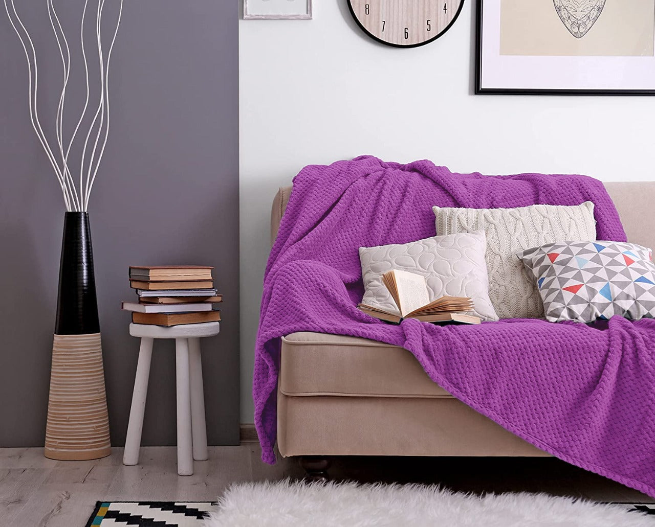waffle fleece blanket bed spread purple