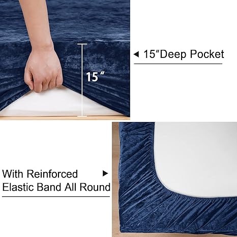 Navy Blue Velvet Fitted Sheet Set