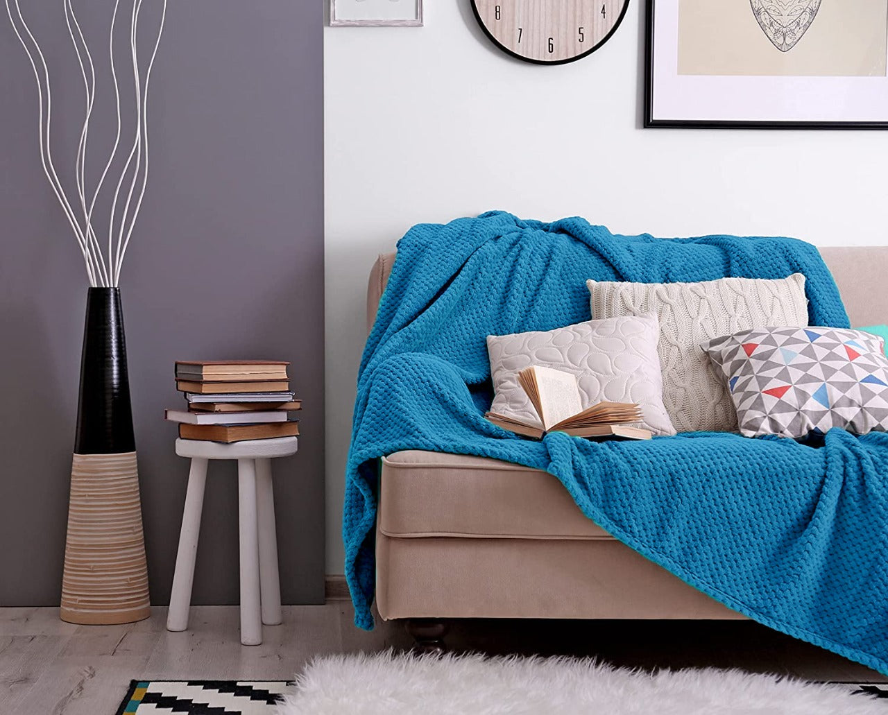 waffle fleece blanket bed spread sky blue